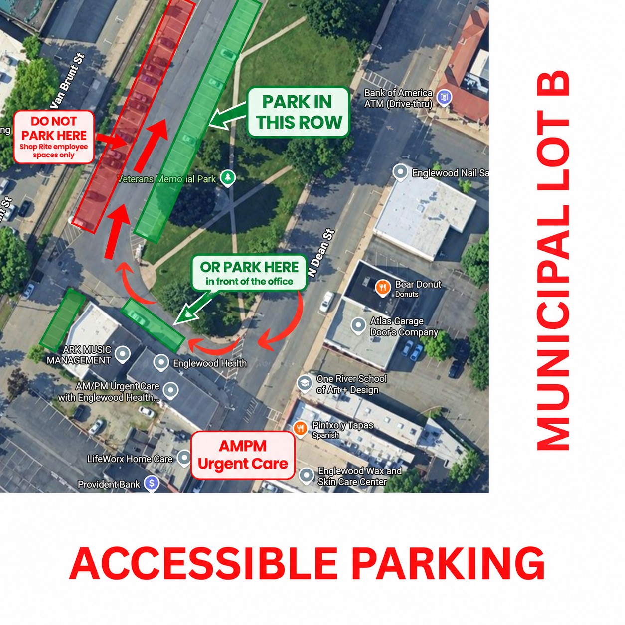 Parking map for AM/PM Urgent Care at 16 Depot Square, Englewood NJ. Patient parking marked in green in Englewood Municipal Lot B along Veterans Memorial Park and in front of the office on Depot Square. The row along the railroad tracks is marked in red as Shop Rite employee parking.
